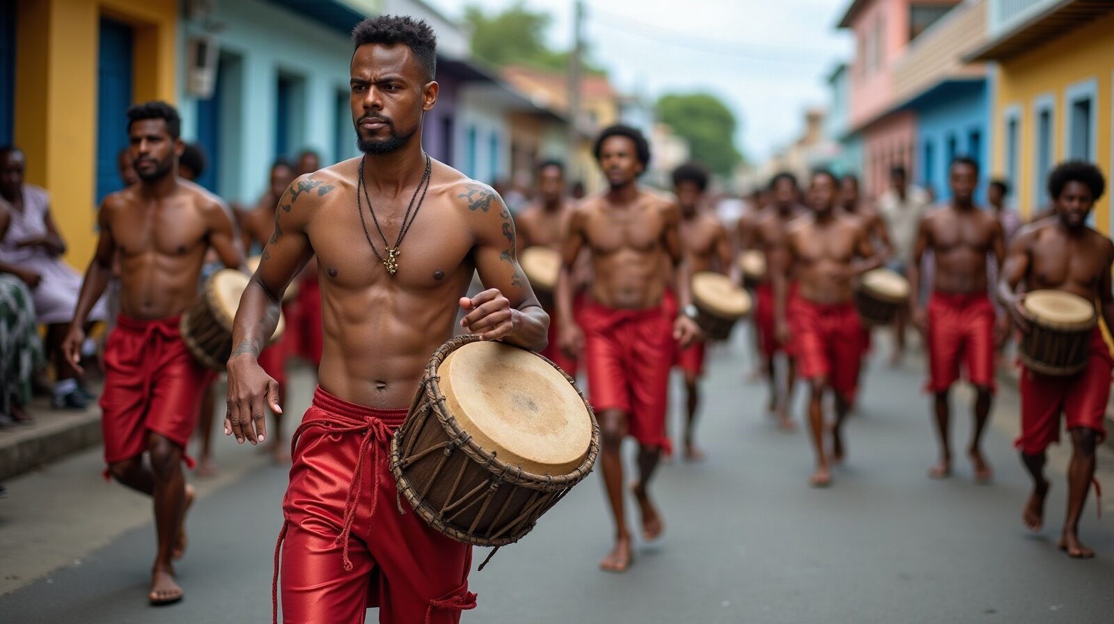 Un groupe carnavalesque guadeloupéen défile derrière ses tambours, suivi par la foule massée sur les trottoirs, en fin de journée.