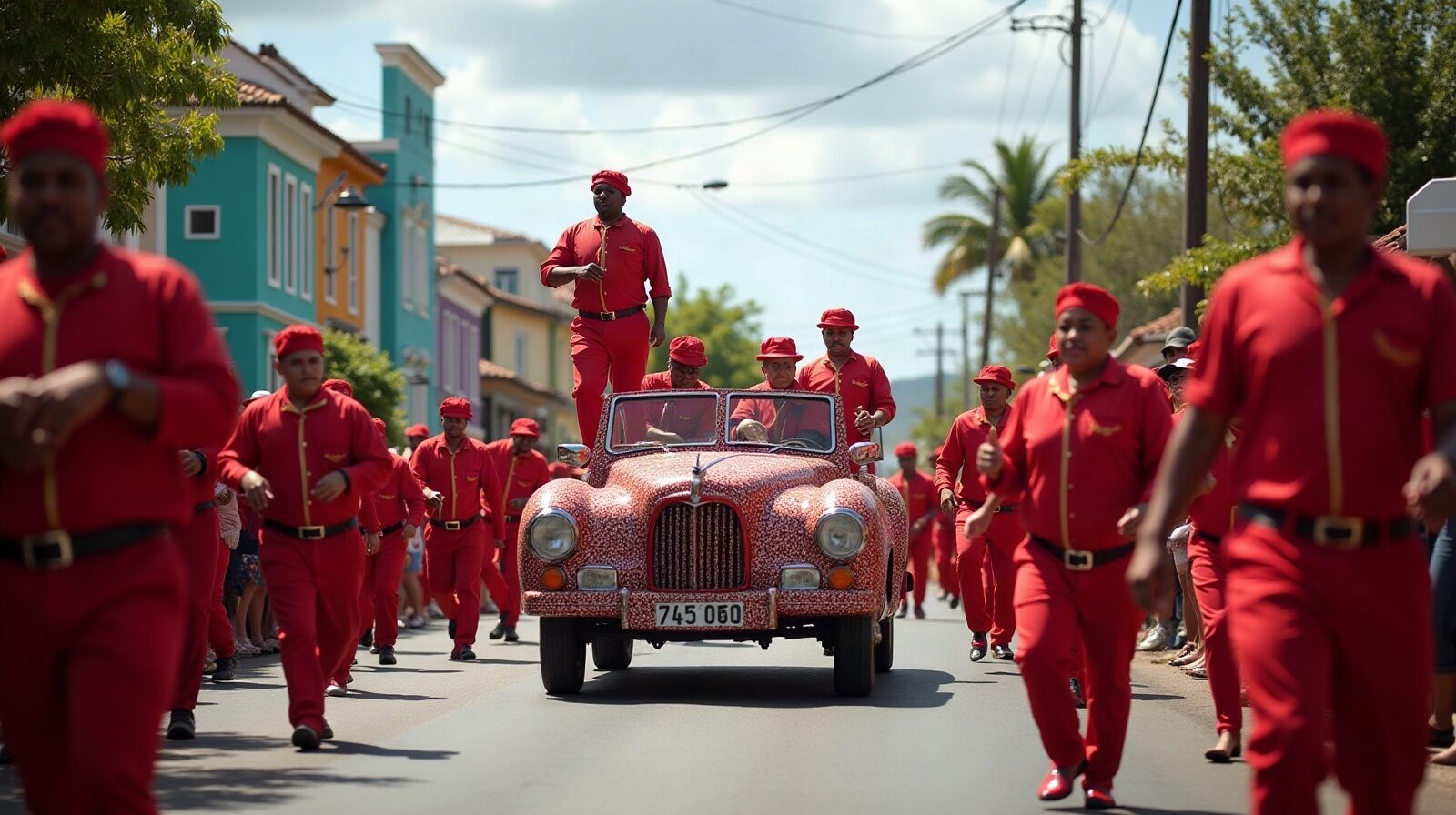 Un char décoré et un groupe costumé de rouge avancent sur une avenue de Pointe-à-Pitre pendant le mardi gras, devant une foule dense.