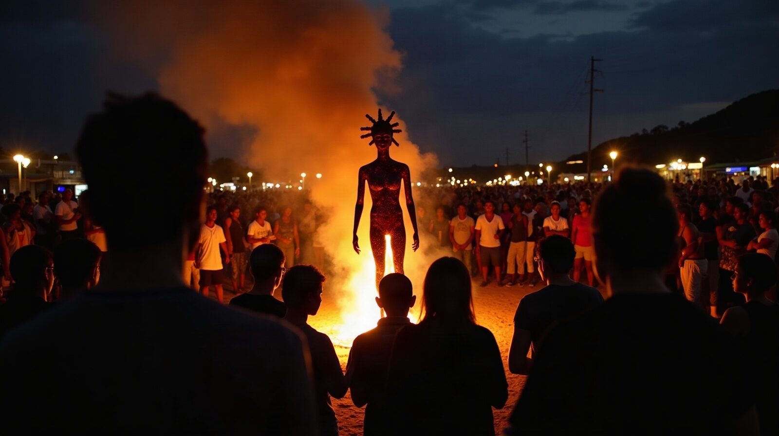 Une foule réunie au crépuscule autour de l'effigie de Vaval dressée sur un bûcher, pendant le mercredi des Cendres.