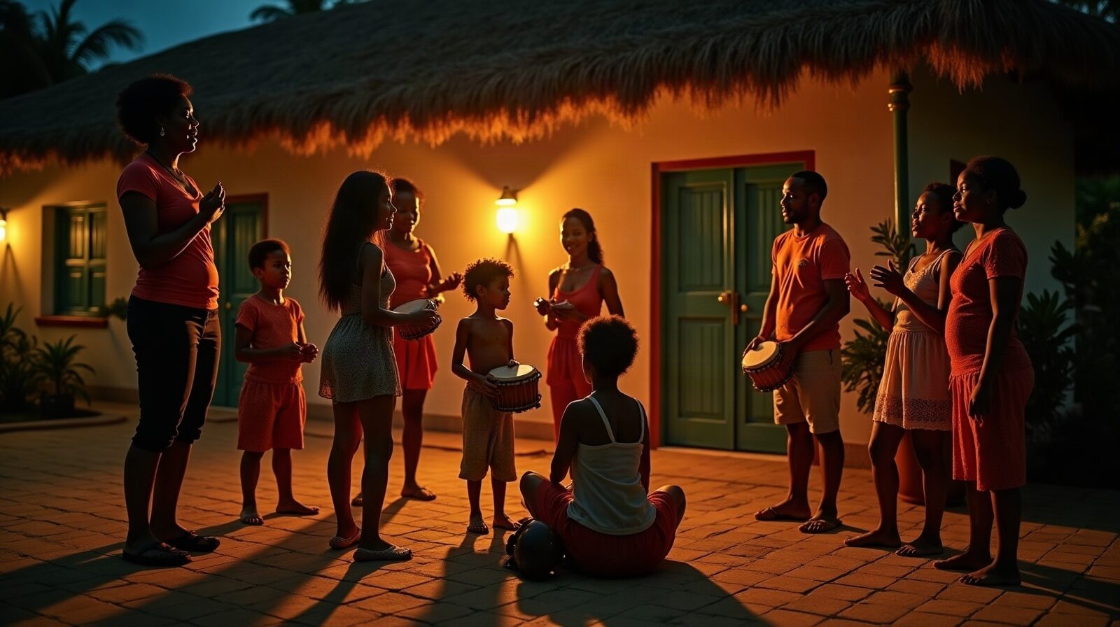 Un groupe chante des cantiques créoles autour de tambours ka, d'un triangle et d'un chacha, dans la cour d'une maison, le soir.