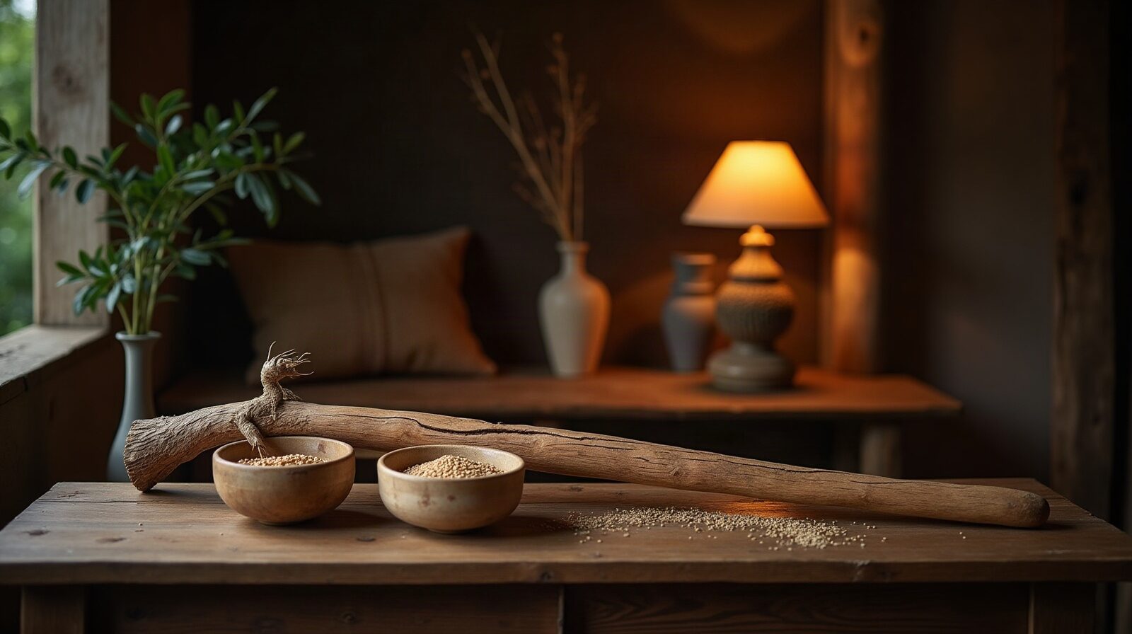 Un syak, racleur de bambou entaillé, posé près d'un chacha, calebasse remplie de graines, sur une table en bois.