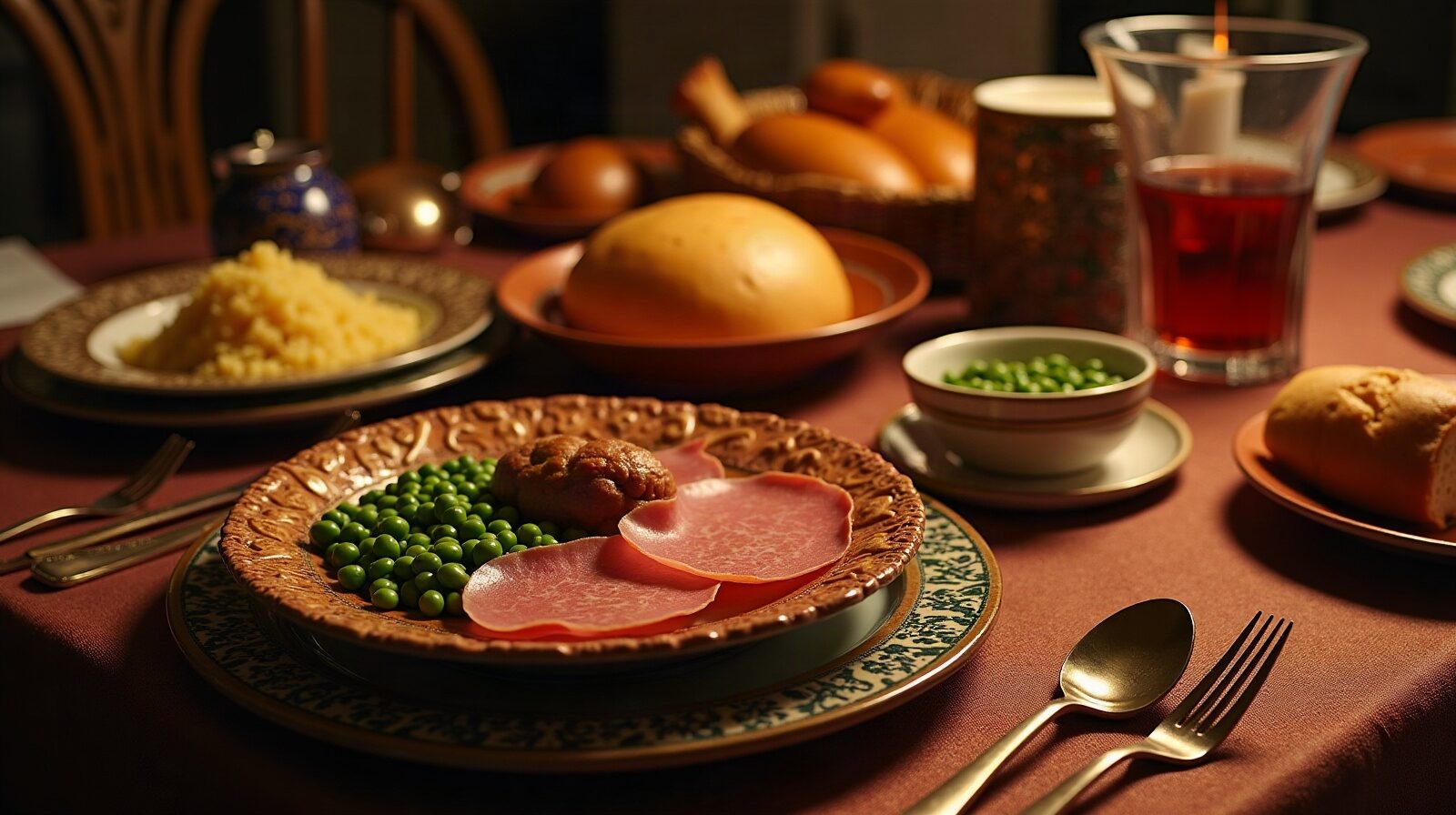 Une table de Noël créole réunit jambon, boudin créole, ragoût de porc, pois d'Angole, riz, pain au beurre et chocolat chaud.