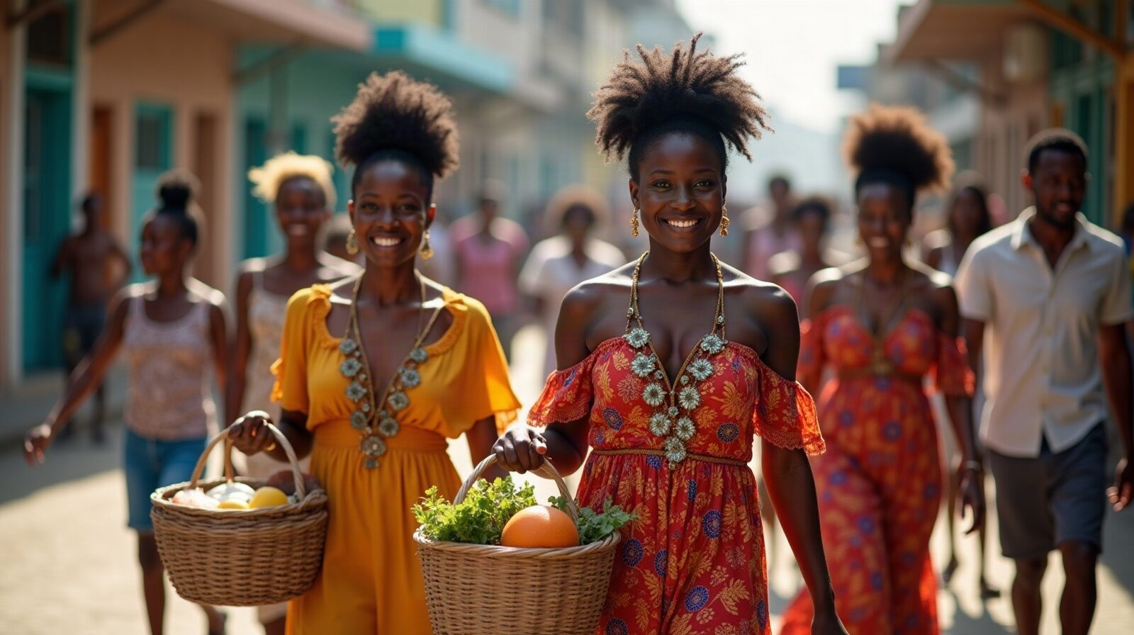 Groupe de femmes en robe madras et coiffe empesée portant des paniers de plats lors d'un défilé en ville