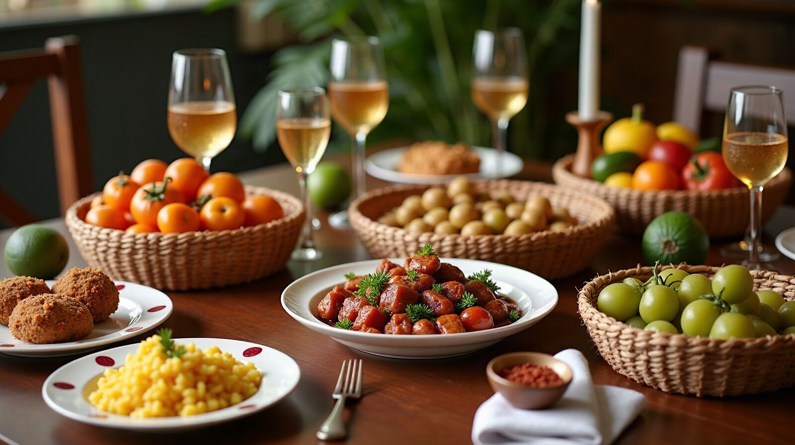 Table garnie de plats créoles, boudin, accras et fruits locaux dans des paniers tressés