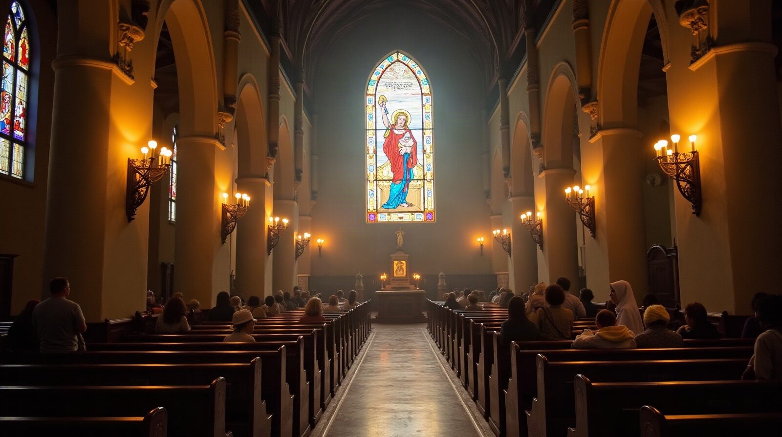 Nef d'une église caribéenne pendant un office, paniers de victuailles posés près des fidèles