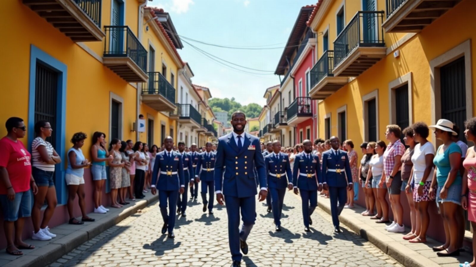 Défilé officiel dans une rue de bourg : fanfare, majorettes et élus en écharpe devant les habitants