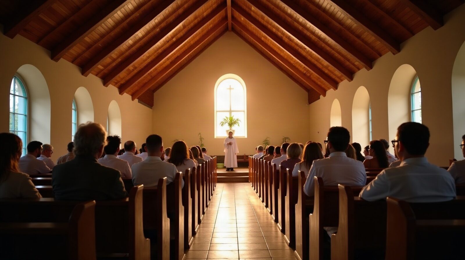 Fidèles debout dans les bancs d'une église de bourg pendant la messe solennelle du saint patron
