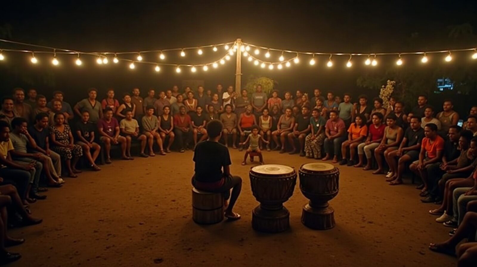 Un cercle de public entoure deux tambours ka en bois, éclairés la nuit lors d'une soirée de gwoka.