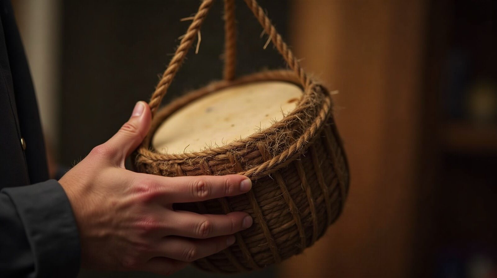 Les mains d'un tambouyé frappent la peau de cabri d'un tambour ka tendue par un cordage.