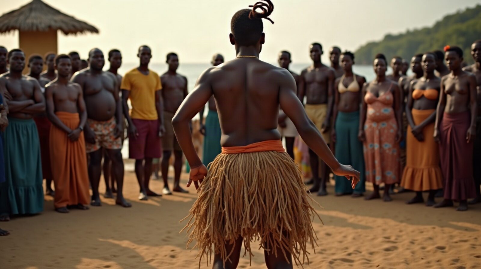Un danseur, seul au centre du cercle, danse face au tambour makè devant les spectateurs.