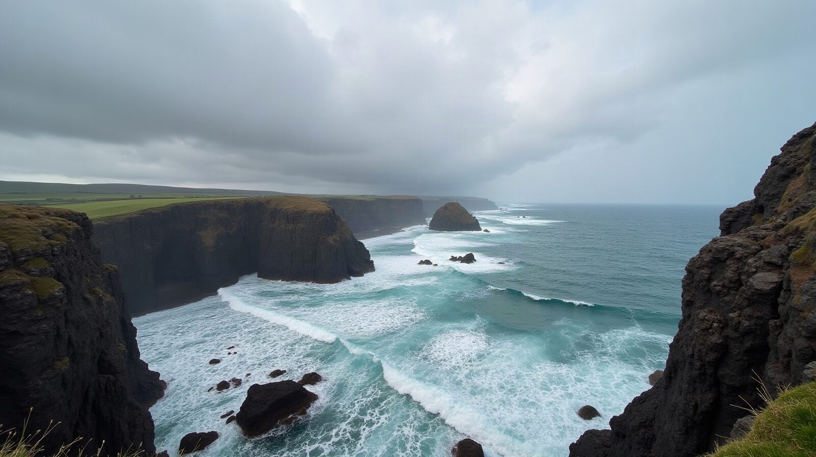 Houle et embruns sur une cote rocheuse de Basse-Terre sous un ciel charge