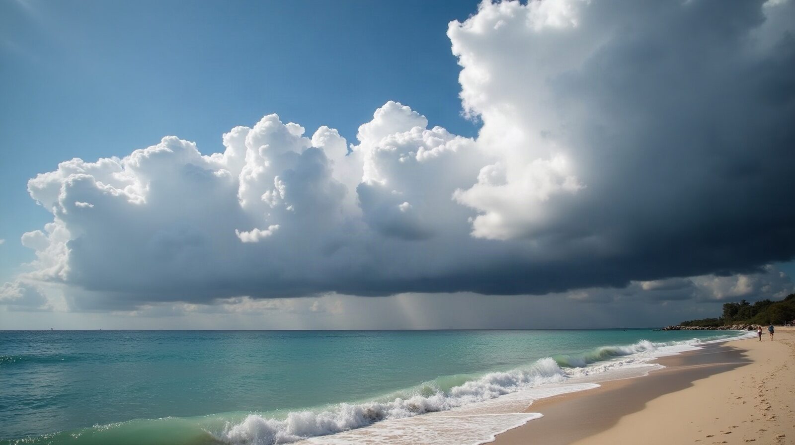Nuages d'orage alignes au-dessus de la mer des Caraibes vus depuis une plage