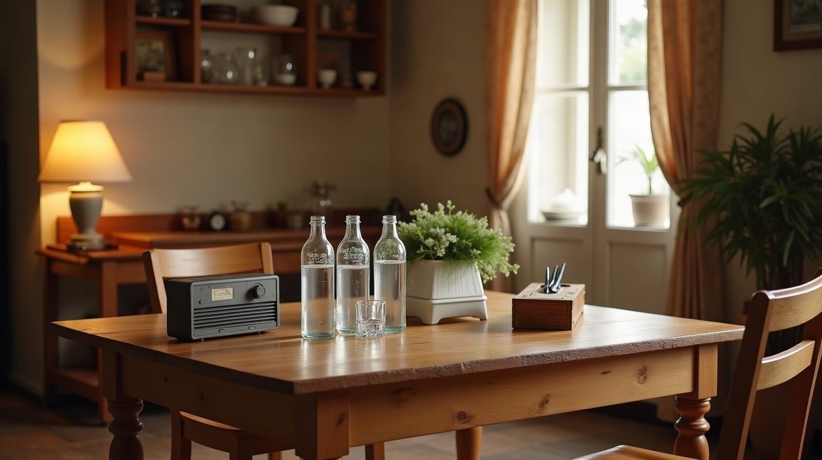 Kit d'urgence pose sur une table : eau, radio, lampe, trousse de soins et papiers