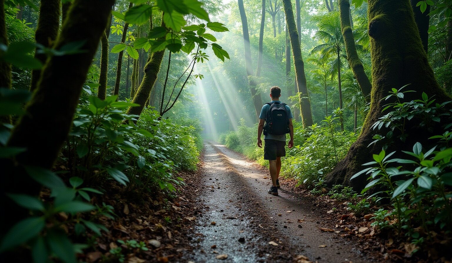 Sentier de forêt tropicale humide, racines et terre détrempée après une averse