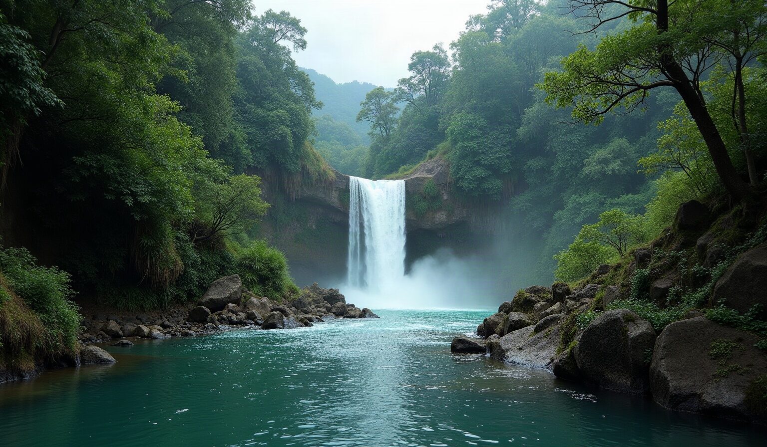 Cascade et bassin de rivière entourés de végétation dense sous un ciel couvert