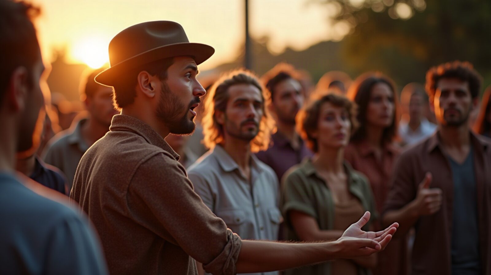 Chanteur soliste face à un groupe de choristes qui reprennent le refrain