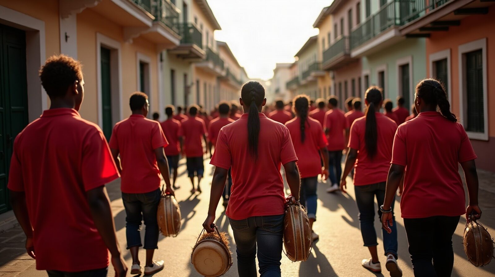 Un groupe à peau défile en rouge et noir derrière ses tambours dans une rue de Guadeloupe, suivi par la foule massée sur les trottoirs.