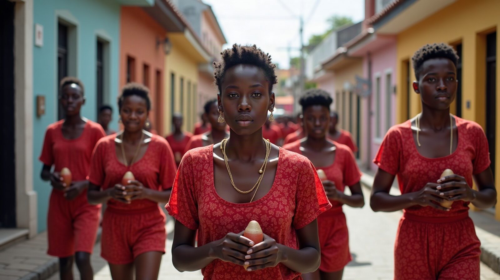 Foule en rouge et noir massée sur les trottoirs d'une rue de Guadeloupe pendant le défilé de la Mi-Carême.