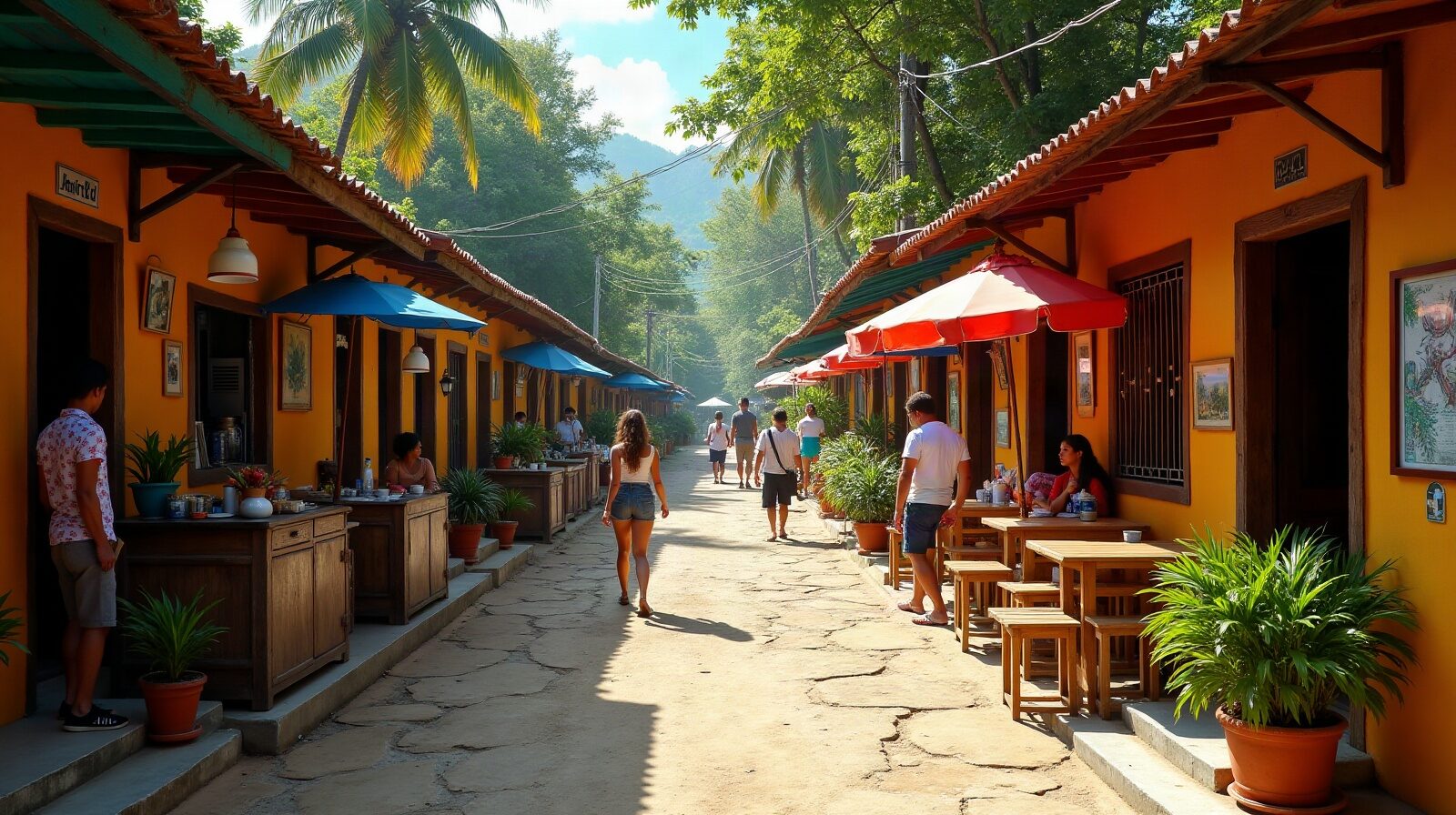 Etals d'artisans et de cuisine creole sous des tonnelles colorées, en journee, dans une rue de bourg antillais