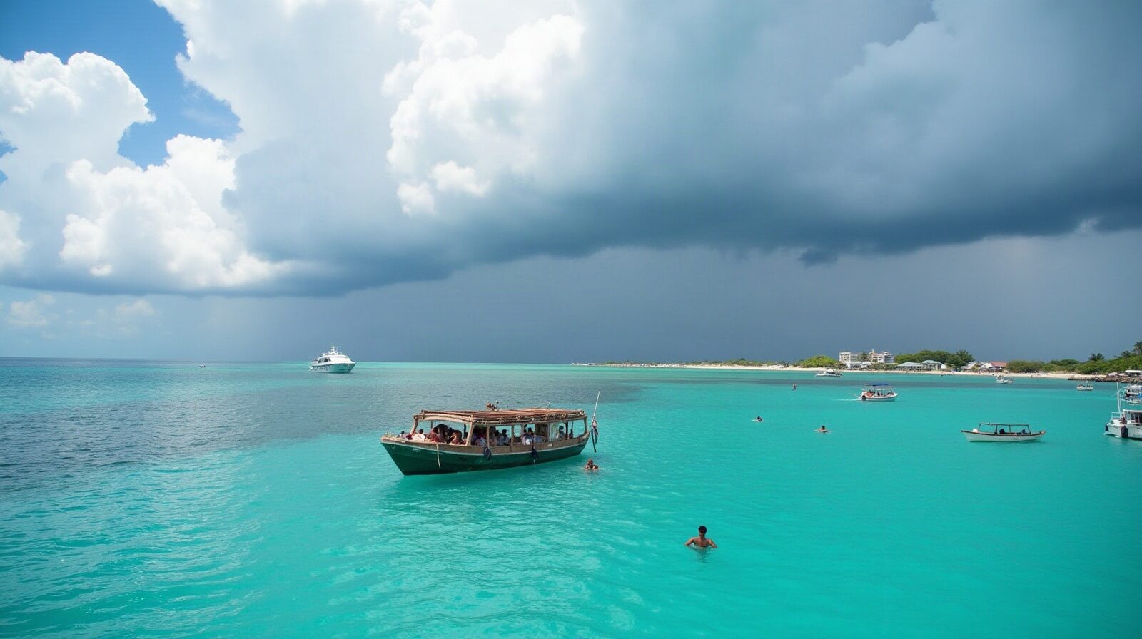 Embarcadere et bateau de passagers au depart d'un port antillais, mer turquoise et ciel charge